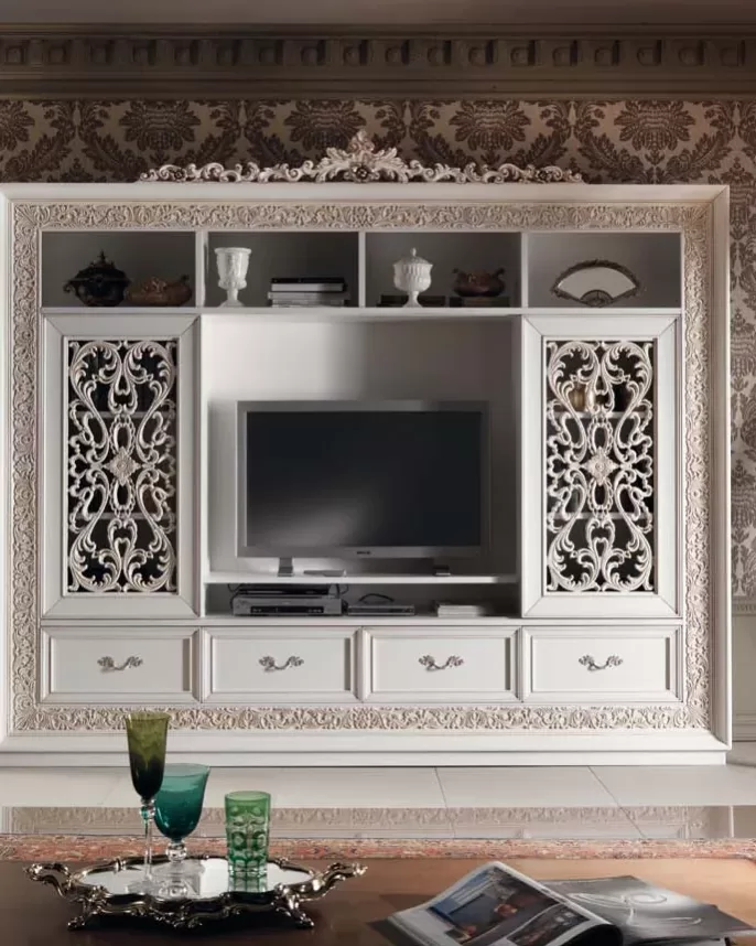 Gran Guardia Carved Wall Unit with Pierced Doors, TV Opening by Francesco Pasi, Gran Guardia classic Venetian furniture