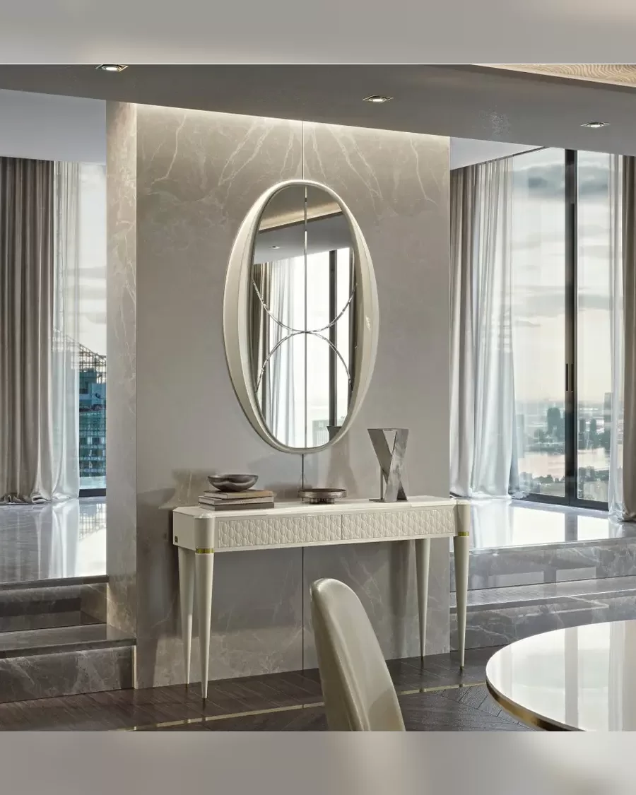Ellipse Oval Mirror by Francesco Pasi, mirror above an entryway table