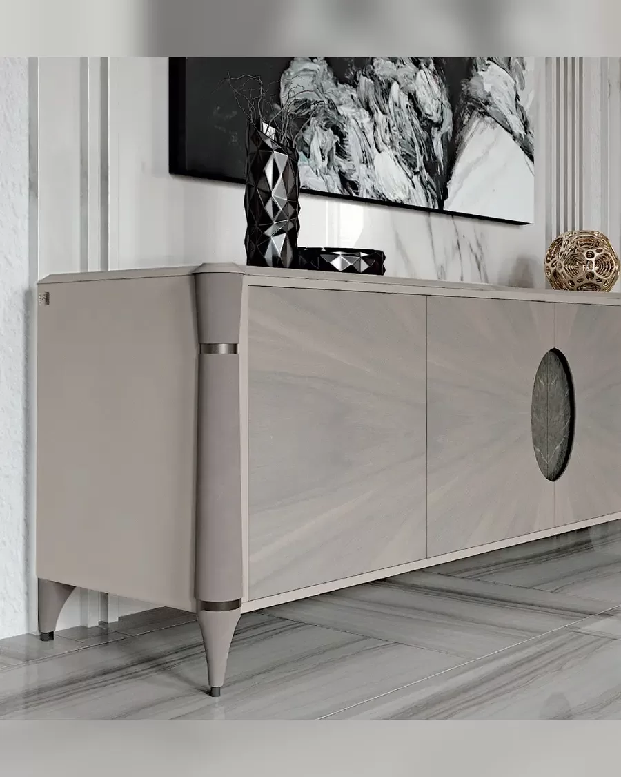 Ellipse Sideboard with Marble Oval by Francesco Pasi, sideboard beside a glass display cabinet