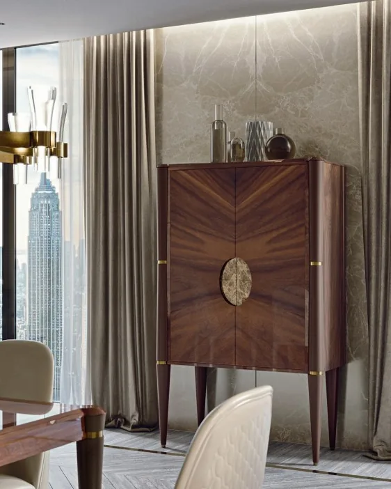 Ellipse Bar Cabinet with bronze oval, luxury bar cabinet
