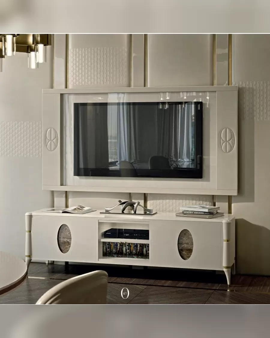 Base porta TV Ellipse con ovali in marmo di Francesco Pasi, porta TV per un soggiorno di design di lusso