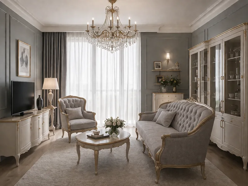 Classic living room with grey tufted sofa, gilded armchair, ivory display cabinet and crystal chandelier