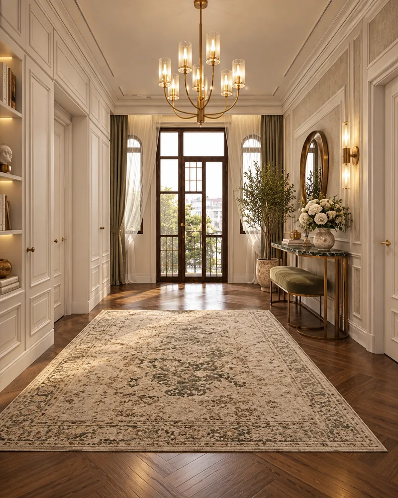 Foyer with a glazed walnut door, arched side windows and a stone-top console, high end interior design