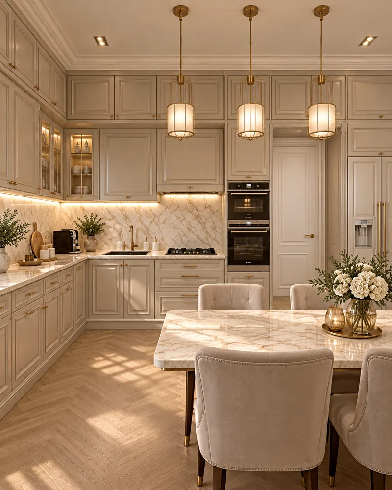 L-shaped greige kitchen with marble backsplash and brass lantern pendants, interior design furniture to the plan