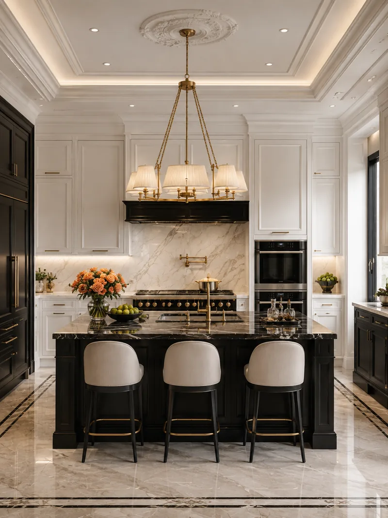 Classic kitchen with black island, white panelled cabinets, cream bar stools and brass pendant