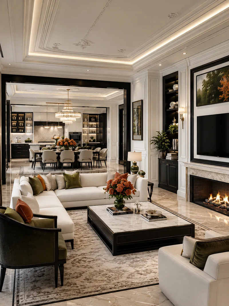 Classic living room with linear fireplace, white sectional and the open kitchen beyond