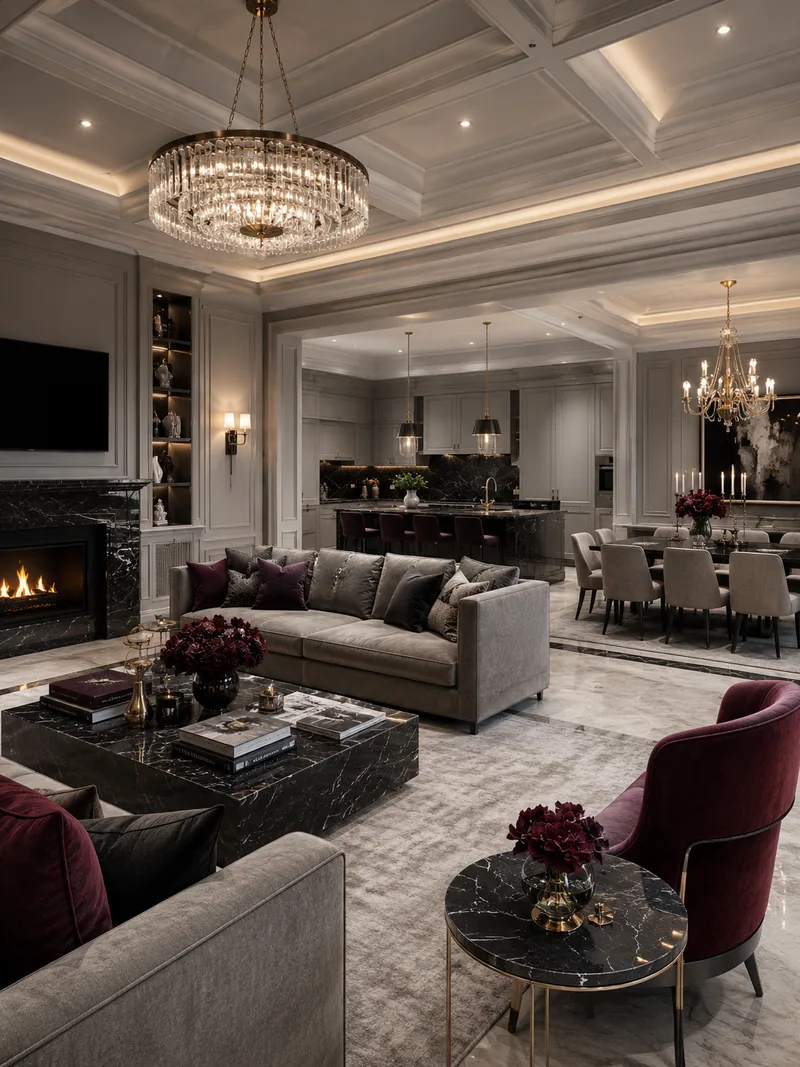 Classic living room with fireplace, grey sofa, burgundy armchairs and the dining room beyond