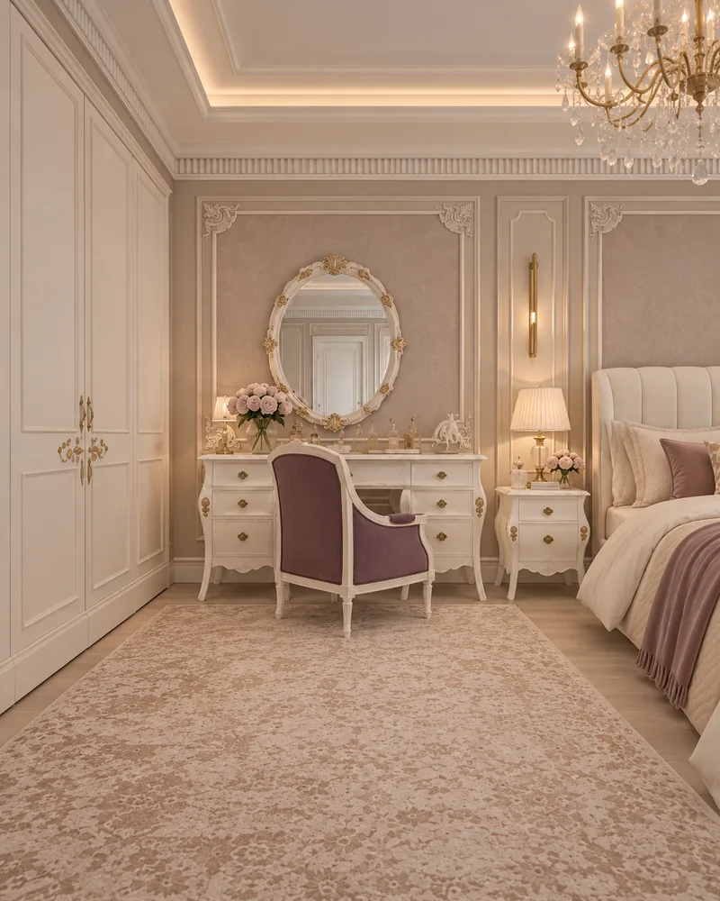 Master bedroom dressing corner with a white vanity and oval gilt mirror, luxury interior design for the bedroom