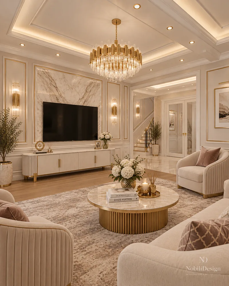 Classic living room facing a marble TV wall with fluted ivory console, luxury interior design for the living room