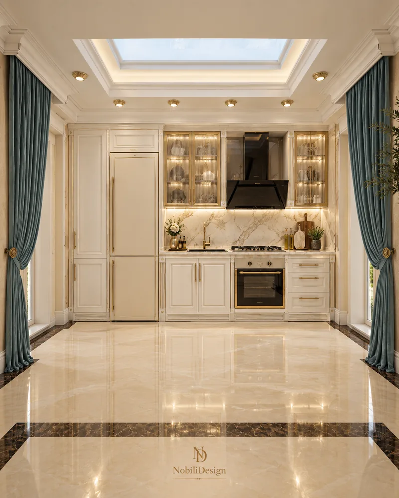 Dining room with a marble pedestal table, channel-back chairs and crystal chandelier, designer furniture