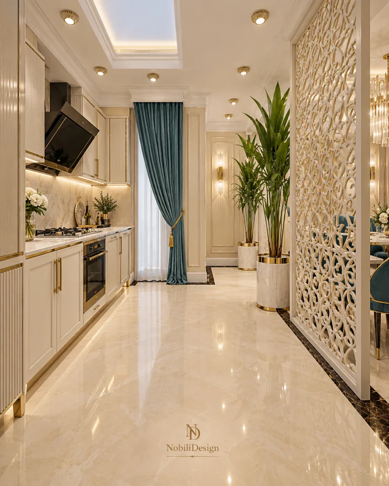 Kitchen with a skylight, ivory fluted cabinets and black glass hood, luxury interior design for the kitchen