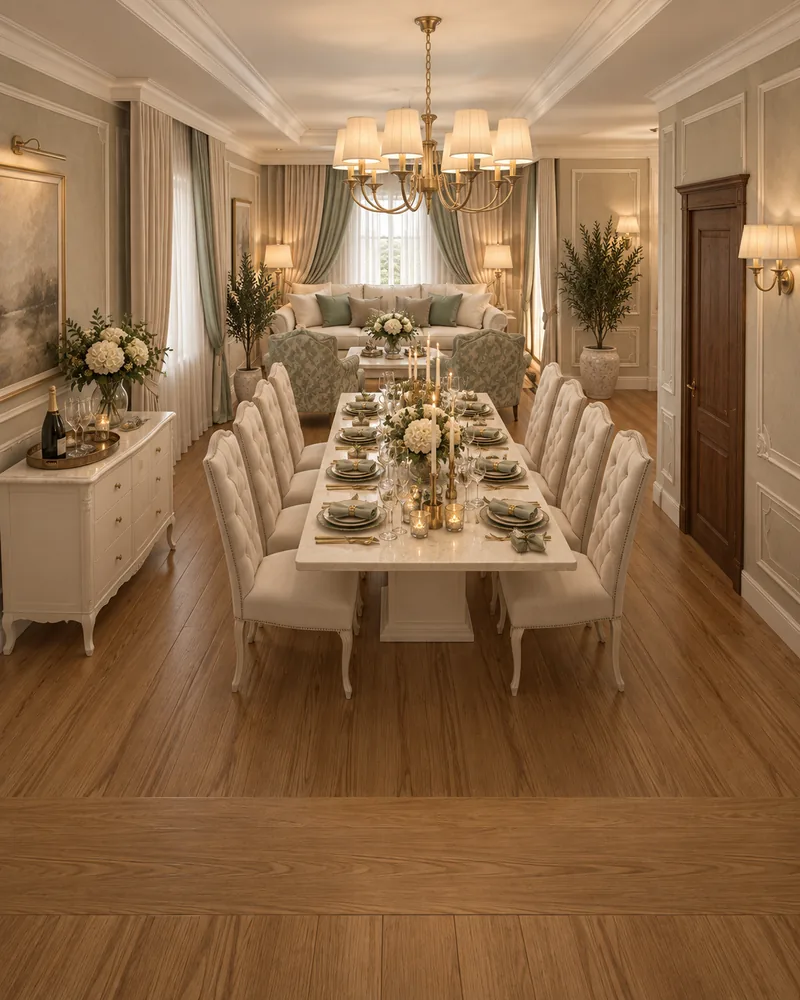 Formal dining room for ten with a long marble table, tufted ivory chairs and brass chandelier, exclusive interiors