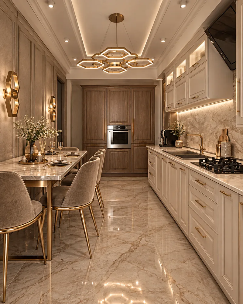 Kitchen with ivory cabinets facing a long marble dining table, contemporary luxury interiors in warm stone