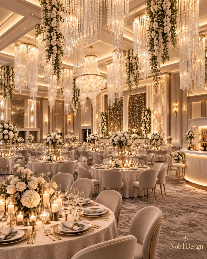 Ballroom with round banquet tables, cream upholstered chairs, cascading crystal chandeliers, floral columns and a curved bar
