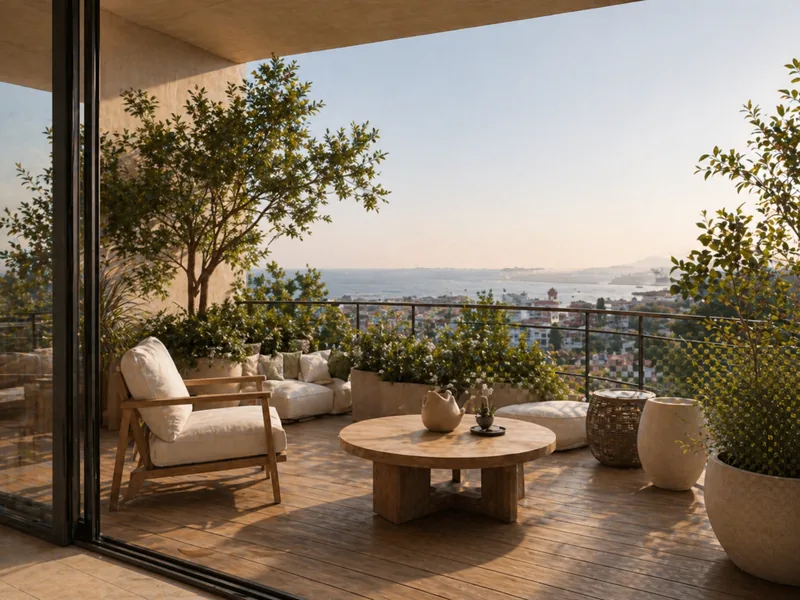 Japandi terrace with oak lounge chair, round wood table, stone planters and olive trees with a sea view