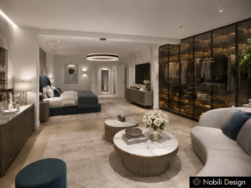 Luxury hotel suite with velvet bed, curved sofa, marble coffee table and lit glass walk-in wardrobe