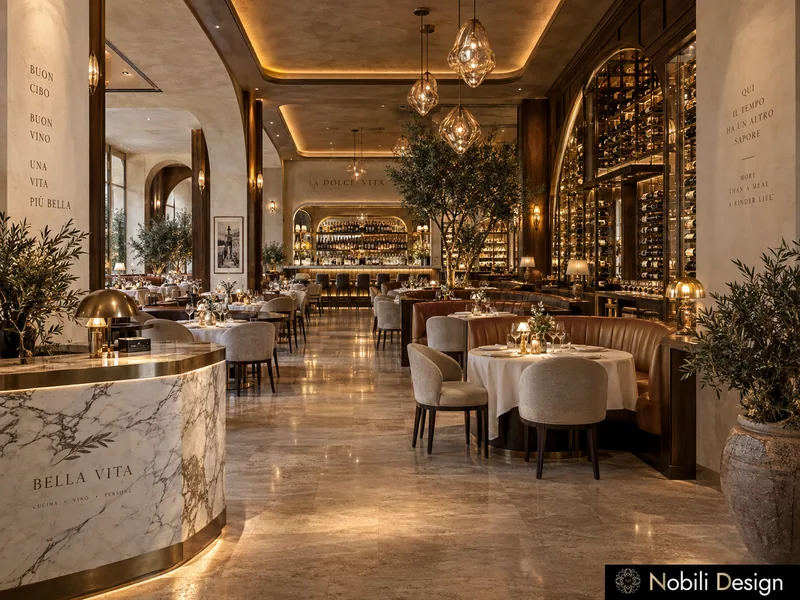 Luxury Italian restaurant dining room with marble host stand, leather banquettes, olive trees and wine wall