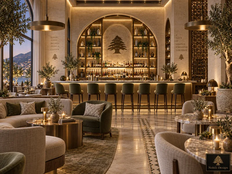 Restaurant lounge and bar design with curved cream sofa, olive armchairs and a marble bar