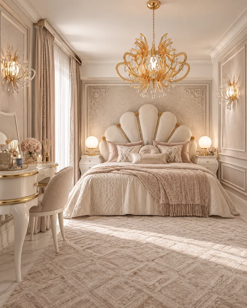 Modern bedroom with shell headboard trimmed in gold, white nightstands, wall sconces and textured rug