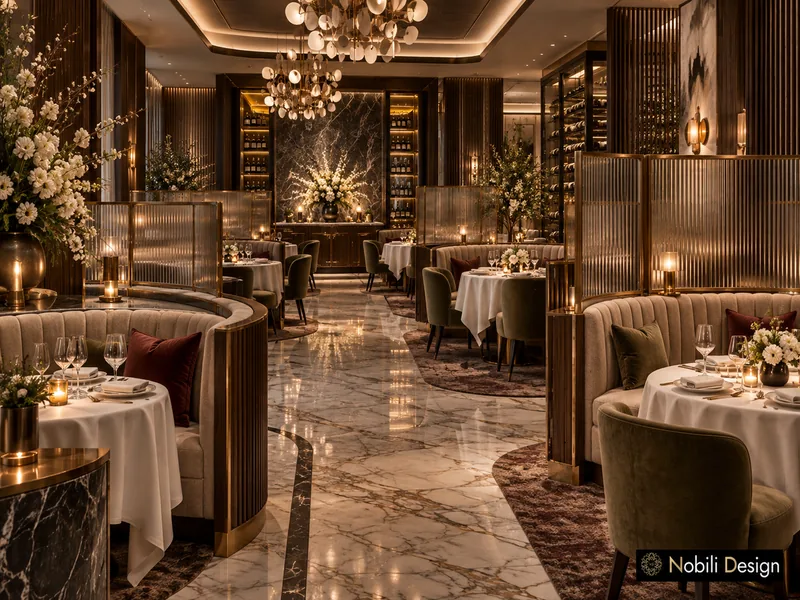 Modern French fine-dining room with curved taupe booths, fluted glass screens and brass globe chandeliers