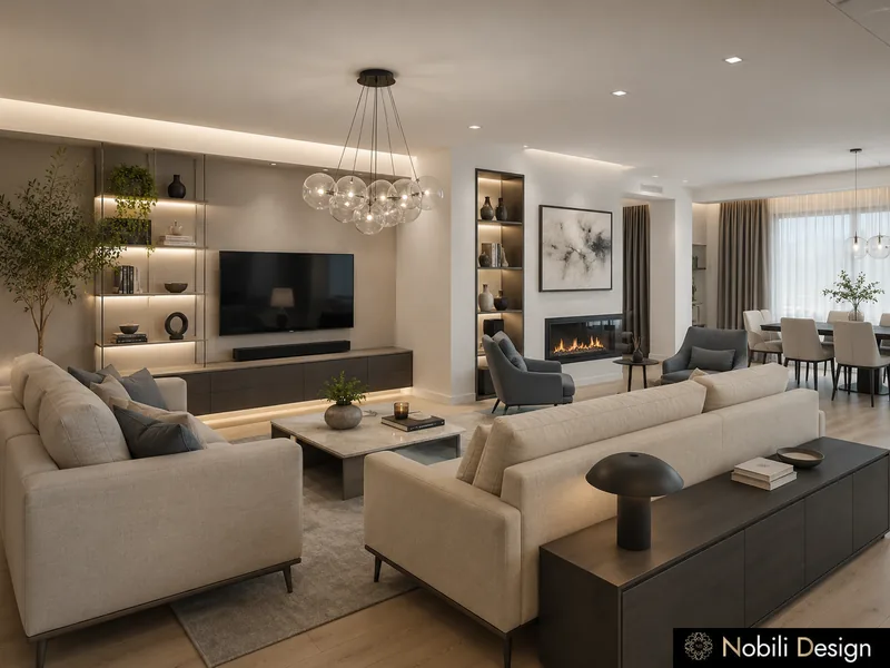 Modern living room with cream sofas, glass bubble chandelier, lit shelving and a linear fireplace