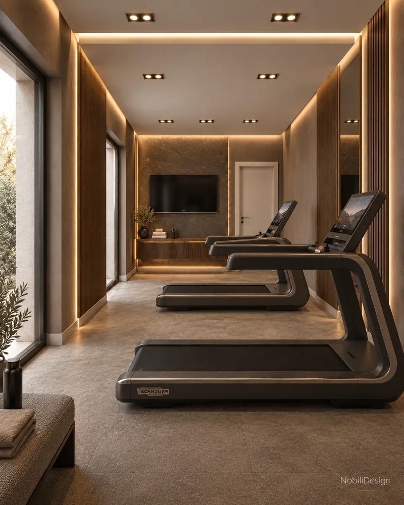 Fitness room in a modern house with walnut slat panels, stone-effect floor and a full-height window