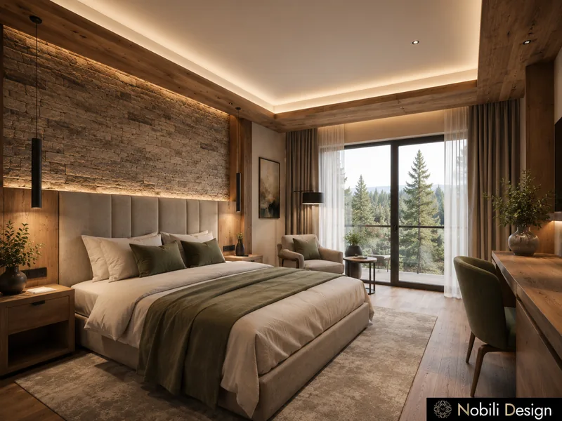 Hotel room interior design with stone headboard wall, oak bed and a balcony door to the forest