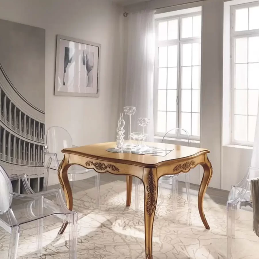 New Deco Hand-Carved Extending Table, Square by Francesco Pasi, square dining table, 112 cm wide