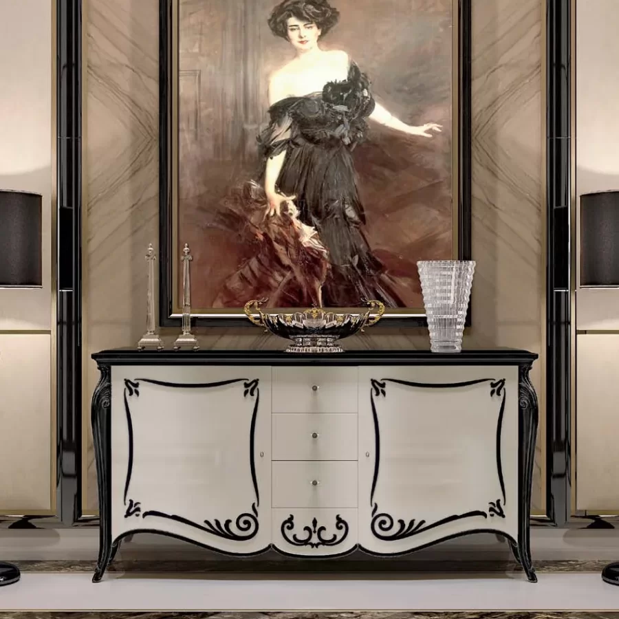 Opera Shaped Sideboard, Carved "B" Decoration, 2 Doors 3 Drawers by Francesco Pasi, luxury sideboard, 210 cm wide