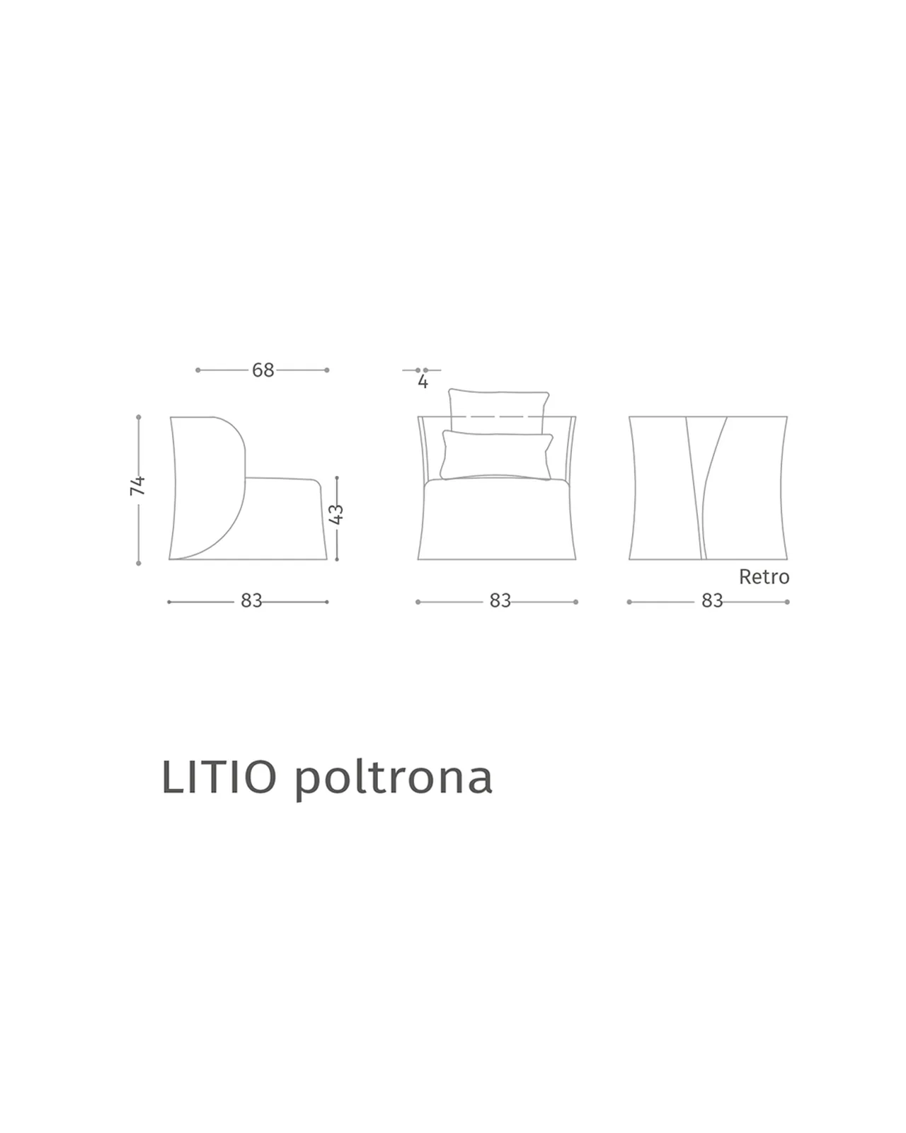 Litio Armchair by Epoque, Exence collection, armchair technical drawing with dimensions, photo 3 of 3