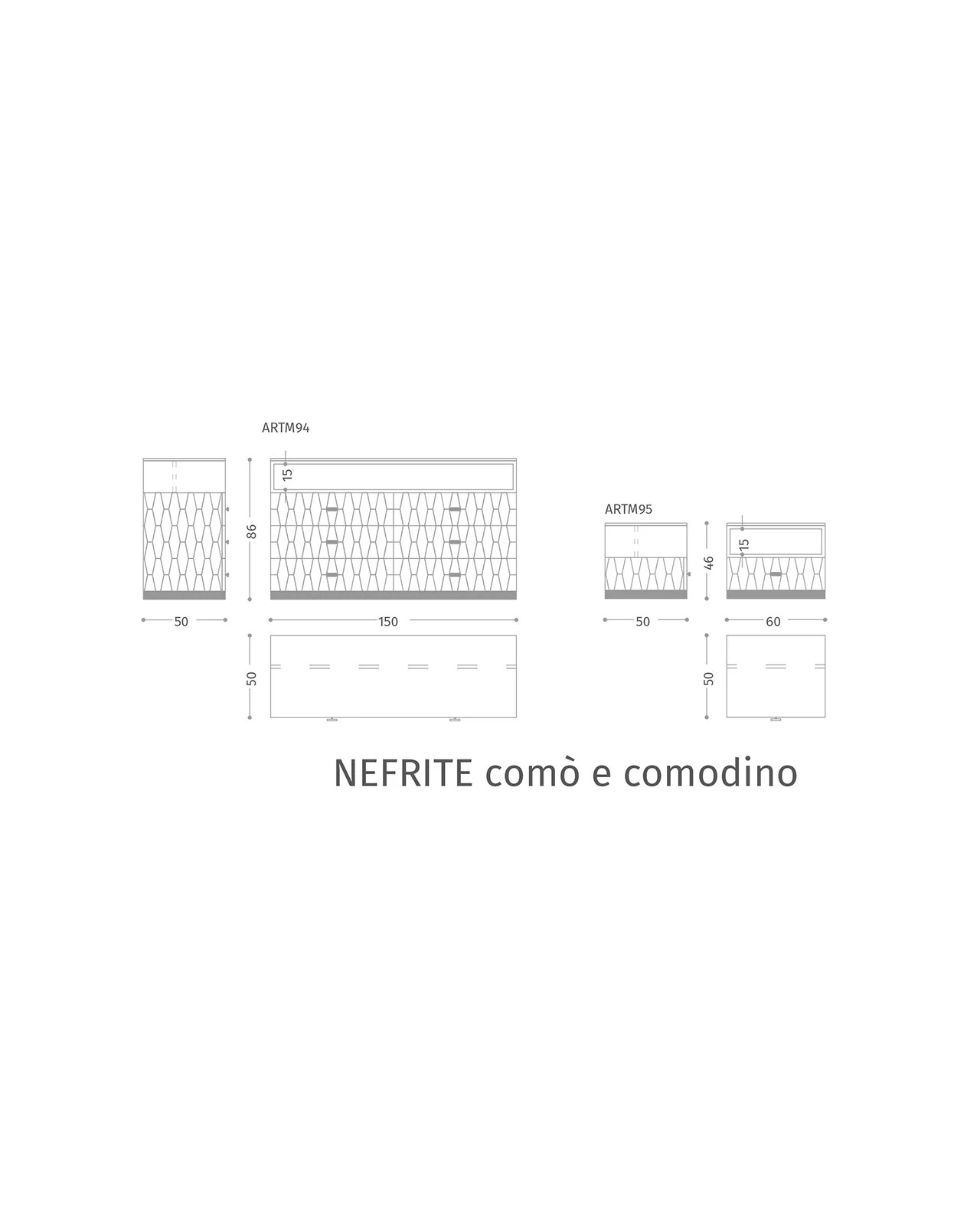 Comodino Nefrite di Epoque, disegno tecnico con dimensioni, foto 2 di 2, catalogo Nobili Design