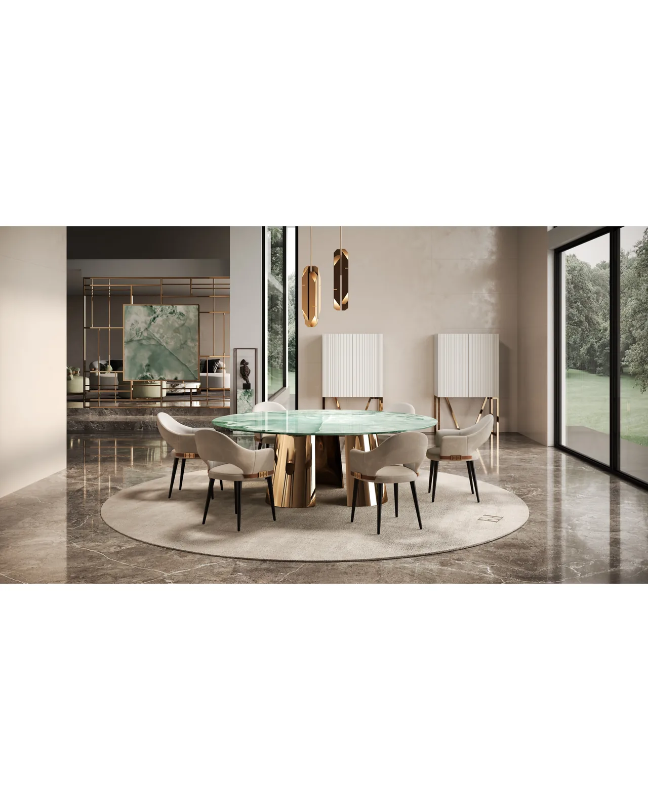 Onice Dining Table by Epoque, Exence Expanse collection, designer dining table styled in an elegant dining room, photo 3 of 4