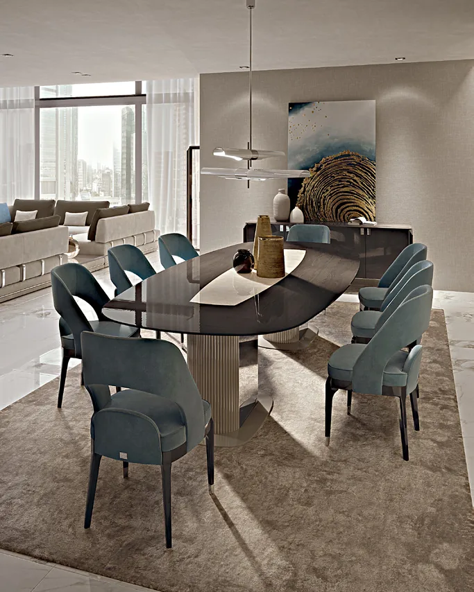 Icon Barrel-Shaped Table, Single Base, Dining Room Furniture, in Canaletto walnut, contemporary style, by Francesco Pasi