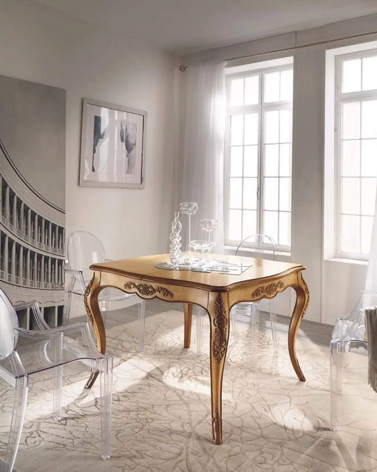 New Deco Hand-Carved Extending Table, Square – Francesco Pasi New Decò, in a dining room setting