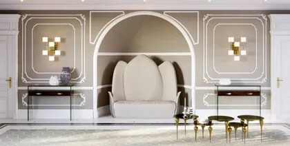 istic Lotus designer high bench upholstered in luxury velvet with a unique flower inspired, luxury living room furniture